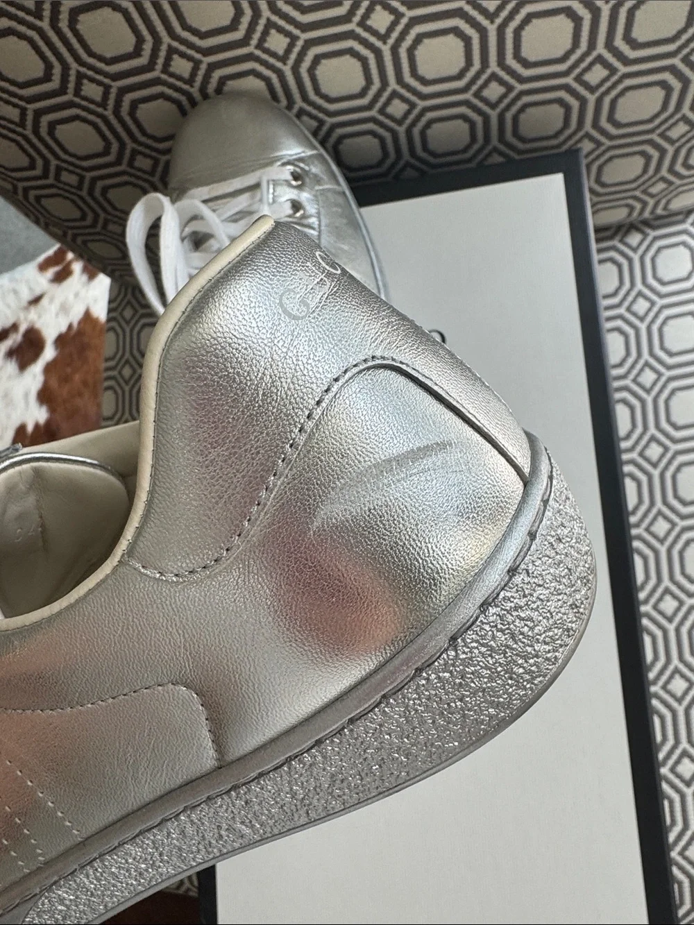 Gucci Ace Metallic Silver Men’s Leather Lace-Up Sneakers